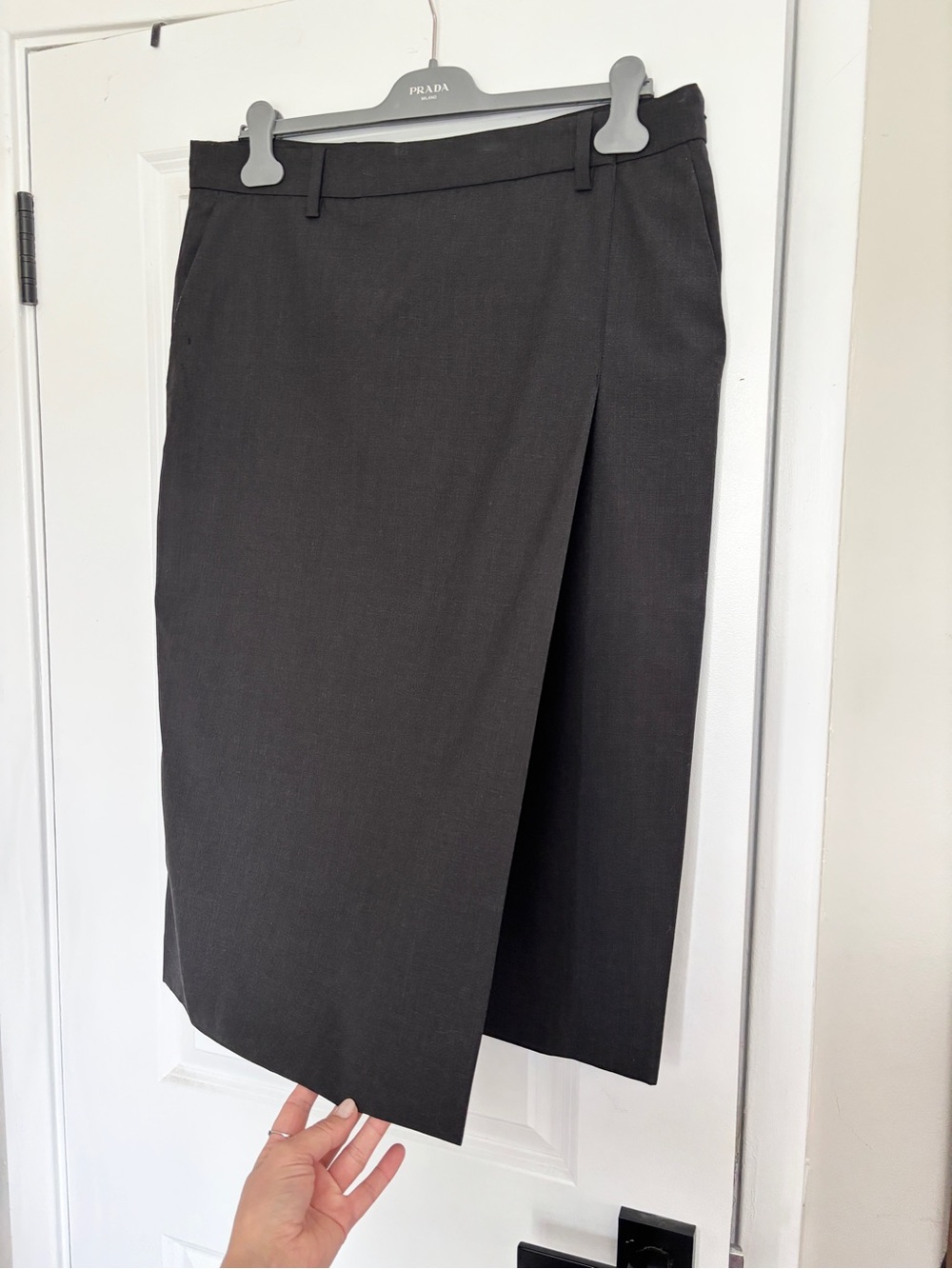 Prada Virgin Wool Dark Charcoal Gray Pencil Skirt with Slit Detail Size 10